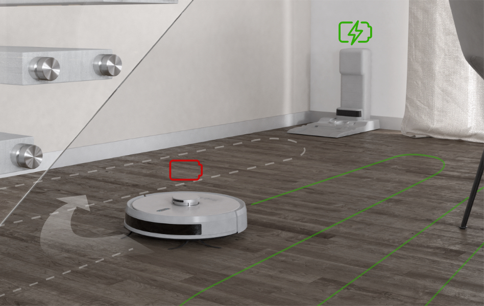 TR900L quando è scarico torna alla base di ricarica e appena pronto riprende la pulizia da dove aveva interrotto